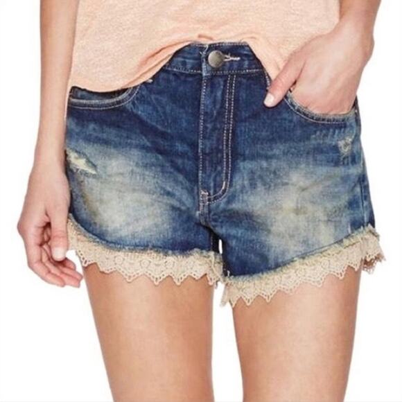 Free People Distressed Denim Shorts with Lace Crochet Trim - Picture 2 of 7